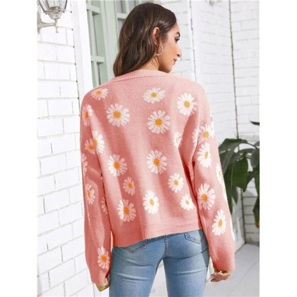 Women's Floral Print Cardigan Long Sleeve Open Front Button Down V Neck Knitted - Picture 4 of 5